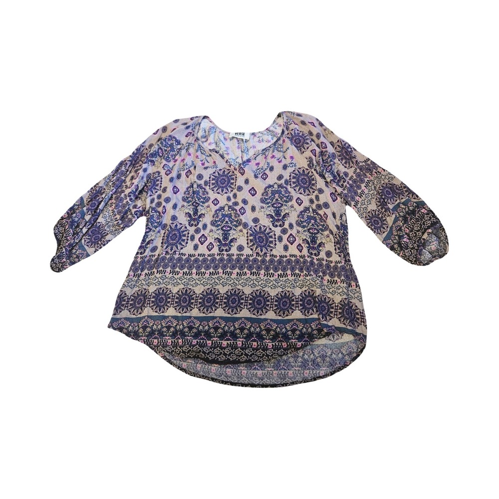 Verse Womens Purple Blue Medallion Paisley Boho Split Neck 3/4 Sleeve Blouse